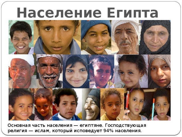 Население Египта Основная часть населения — египтяне. Господствующая религия — ислам, который исповедует 94% населения. 