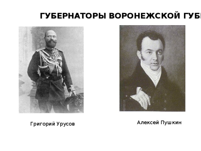 ГУБЕРНАТОРЫ ВОРОНЕЖСКОЙ ГУБЕРНИИ Алексей Пушкин Григорий Урусов 