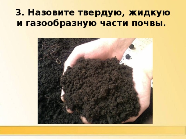 3. Назовите твердую, жидкую и газообразную части почвы. Твердая -минеральные вещества, гумус,  жидкая - почвенный раствор,  газо­образная - воздух 