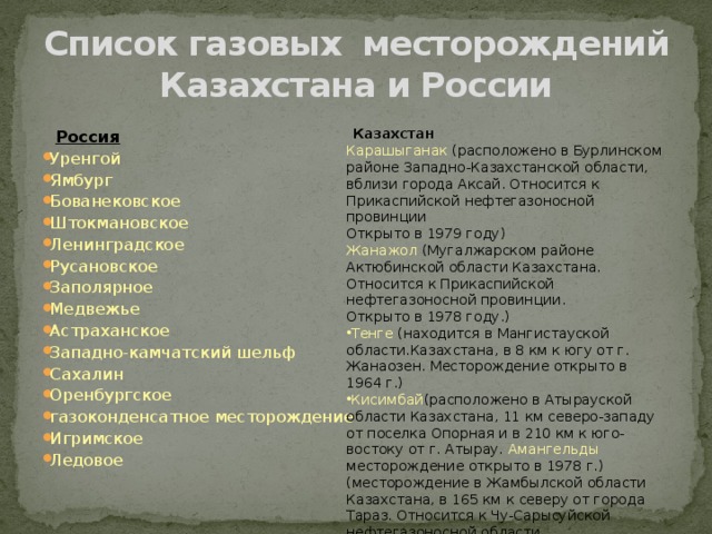 Список газовых месторождений Казахстана и России   Казахстан Карашыганак (расположено в Бурлинском районе Западно-Казахстанской области, вблизи города Аксай. Относится к Прикаспийской нефтегазоносной провинции Открыто в 1979 году) Жанажол (Мугалжарском районе Актюбинской области Казахстана. Относится к Прикаспийской нефтегазоносной провинции. Открыто в 1978 году.) Тенге (находится в Мангистауской области.Казахстана, в 8 км к югу от г. Жанаозен. Месторождение открыто в 1964 г.) Кисимбай (расположено в Атырауской области Казахстана, 11 км северо-западу от поселка Опорная и в 210 км к юго-востоку от г. Атырау. Амангельды месторождение открыто в 1978 г.) (месторождение в Жамбылской области Казахстана, в 165 км к северу от города Тараз. Относится к Чу-Сарысуйской нефтегазоносной области. Открыто в 1975 году.)    Россия Уренгой Ямбург Бованековское Штокмановское Ленинградское Русановское Заполярное Медвежье Астраханское Западно-камчатский шельф Сахалин Оренбургское газоконденсатное месторождение Игримское Ледовое 
