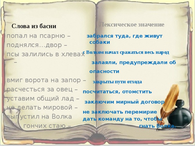 Лексическое значение Слова из басни попал на псарню –  забрался туда, где живут собаки с Волком начал сражаться весь народ поднялся…двор – псы залились в хлевах –  залаяли, предупреждали об опасности  закрыты пути отхода вмиг ворота на запор – посчитаться, отомстить расчесться за овец –  заключим мирный договор не заключать перемирие уставим общий лад – дать команду на то, чтобы не делать мировой – выпустил на Волка  гнать Волка.   гончих стаю – 