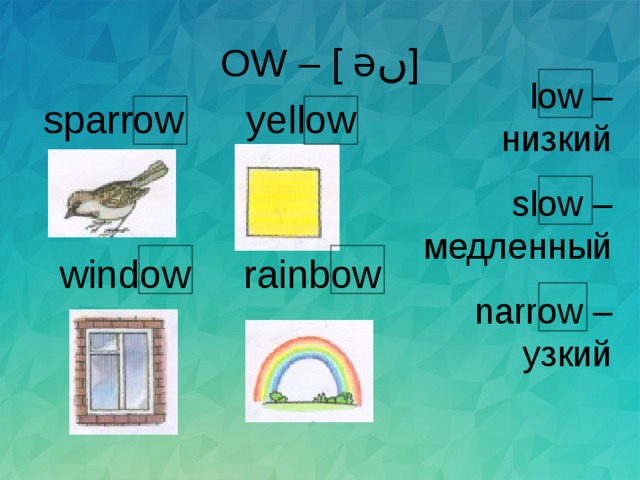 OW – [ ə ں ] low – низкий slow – медленный narrow – узкий sparrow  yellow  window   rainbow 
