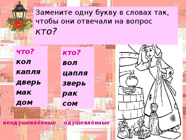 Кол слов. Замени букву в словах так чтобы они отвечали на вопрос кто. Заменить букву в слове чтобы они отвечали на вопрос кто. Замените одну букву в словах чтобы они отвечали на вопрос кто кого. Кол вол капля цапля.