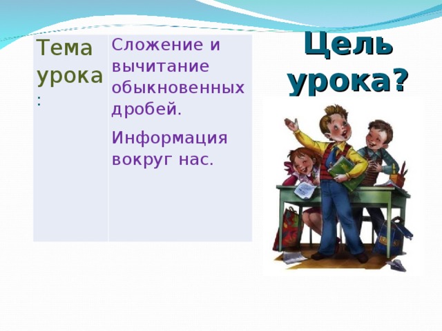 Цель урока? Тема урока : Сложение и вычитание обыкновенных дробей. Информация вокруг нас. 