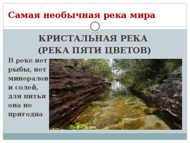 Самая необычная река мира КРИСТАЛЬНАЯ РЕКА (РЕКА ПЯТИ ЦВЕТОВ) В реке нет рыбы, нет минералов и солей, для питья она не пригодна