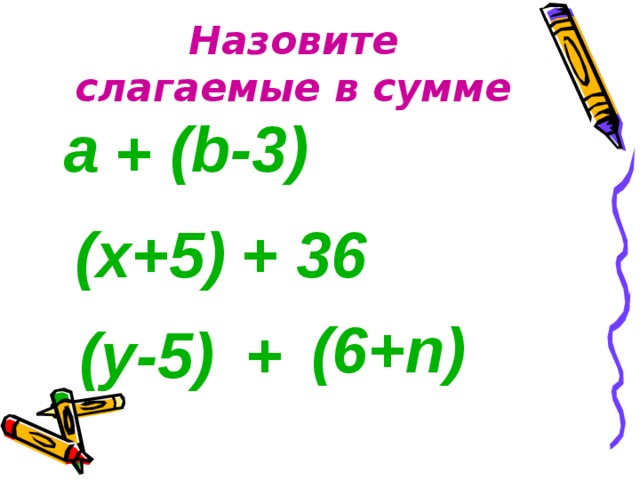 Назовите слагаемые в сумме a (b-3) + (x+5) + 36 (6+n) (y-5) + 