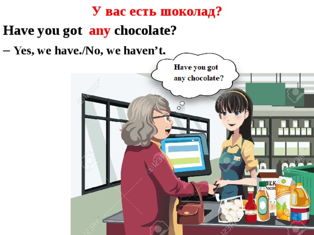 У вас есть шоколад? Have you got any chocolate? – Yes, we have./No, we haven’t.    