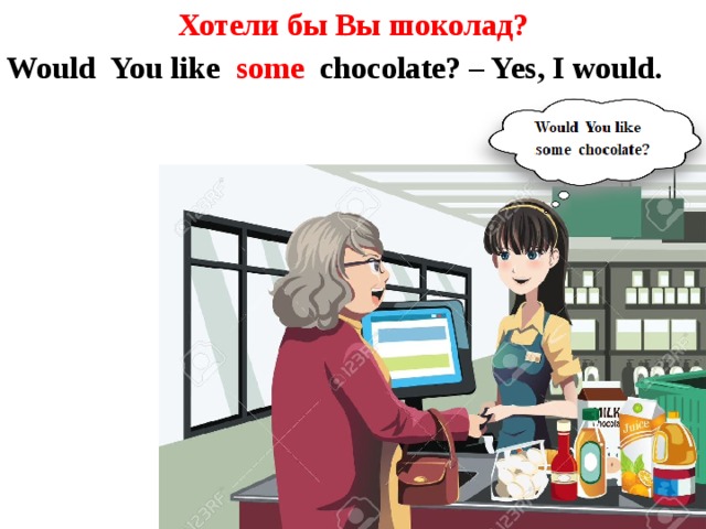 Хотели бы Вы шоколад? Would You like some chocolate? – Yes, I would.    