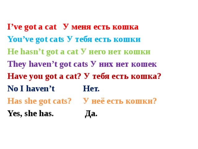 I’ve got a cat У меня есть кошка You’ve got cats У тебя есть кошки He hasn’t got a cat У него нет кошки They haven’t got cats У них нет кошек Have you got a cat? У тебя есть кошка? No I haven’t Нет. Has she got cats? У неё есть кошки? Yes, she has. Да.  