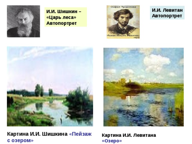 И.И. Левитан Автопортрет И.И. Шишкин – «Царь леса» Автопортрет Картина И.И. Шишкина «Пейзаж с озером» Картина И.И. Левитана «Озеро» 
