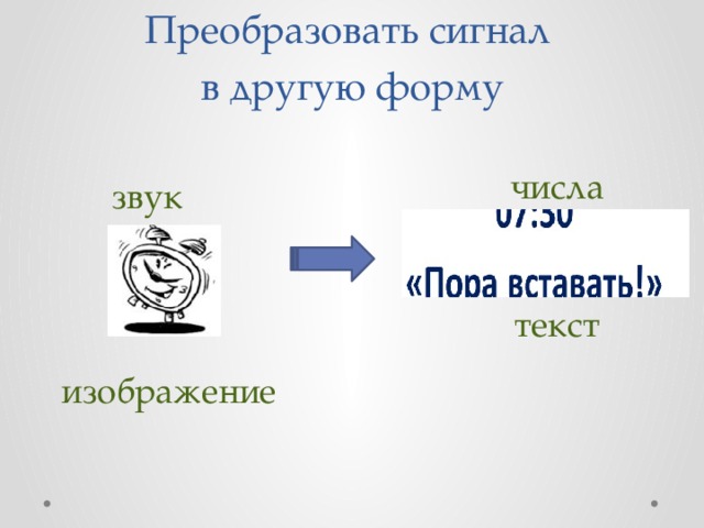 Преобразовать сигнал  в другую форму числа звук текст изображение