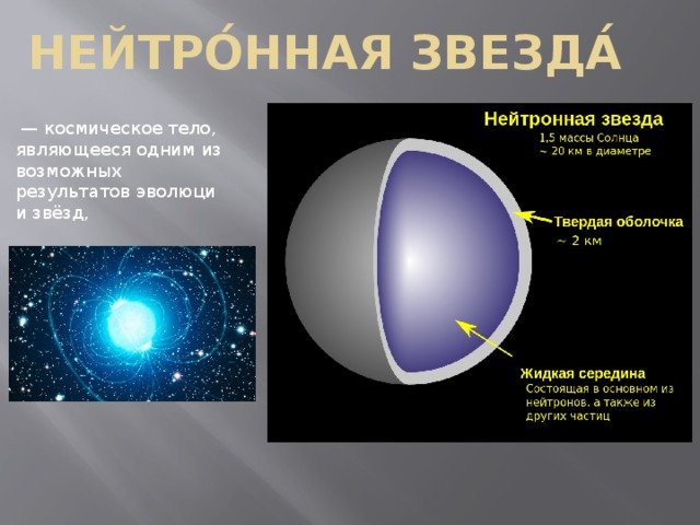 Нейтро́нная звезда́  —  космическое тело, являющееся одним из возможных результатов эволюции звёзд,  