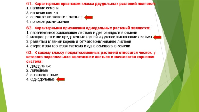 61 . Характерным признаком класса двудольных растений является: 1. наличие семени 2. наличие цветка 3. сетчатое жилкование листьев 4. половое размножение 62 . Характерными признаками однодольных растений являются: 1. параллельное жилкование листьев и две семядоли в семени 2. мощное развитие придаточных корней и дуговое жилкование листьев 3. развитый главный корень и сетчатое жилкование листьев 4. стержневая корневая система и одна семядоля в семени 63 . К какому классу покрытосеменных растений относится чеснок, у которого параллельное жилкование листьев и мочковатая корневая система: 1. двудольные 2. лилейные 3. сложноцветные 4. Однодольные 