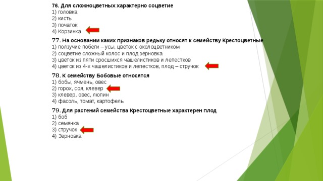 76. Для сложноцветных характерно соцветие 1) головка 2) кисть 3) початок 4) Корзинка 77 . На основании каких признаков редьку относят к семейству Крестоцветные 1) ползучие побеги – усы, цветок с околоцветником 2) соцветие сложный колос и плод зерновка 3) цветок из пяти сросшихся чашелистиков и лепестков 4) цветок из 4-х чашелистиков и лепестков, плод – стручок 78 . К семейству Бобовые относятся 1) бобы, ячмень, овес 2) горох, соя, клевер 3) клевер, овес, люпин 4) фасоль, томат, картофель 79 . Для растений семейства Крестоцветные характерен плод 1) боб 2) семянка 3) стручок 4) Зерновка 