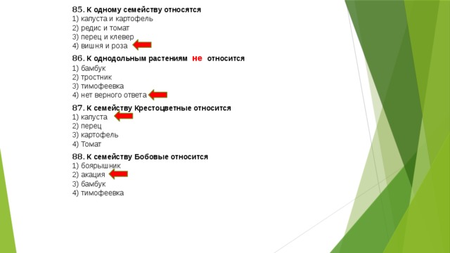 85 . К одному семейству относятся 1) капуста и картофель 2) редис и томат 3) перец и клевер 4) вишня и роза 86 . К однодольным растениям не  относится 1) бамбук 2) тростник 3) тимофеевка 4) нет верного ответа 87 . К семейству Крестоцветные относится 1) капуста 2) перец  3) картофель 4) Томат 88 . К семейству Бобовые относится 1) боярышник 2) акация 3) бамбук 4) тимофеевка 