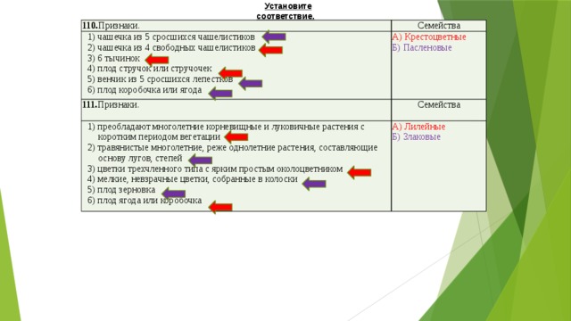 Установите соответствие. 110. Признаки. 1) чашечка из 5 сросшихся чашелистиков Семейства А) Крестоцветные 2) чашечка из 4 свободных чашелистиков 111. Признаки. Семейства Б) Пасленовые 3) 6 тычинок 1) преобладают многолетние корневищные и луковичные растения с коротким периодом вегетации 4) плод стручок или стручочек 2) травянистые многолетние, реже однолетние растения, составляющие основу лугов, степей А) Лилейные 5) венчик из 5 сросшихся лепестков Б) Злаковые 3) цветки трехчленного типа с ярким простым околоцветником 6) плод коробочка или ягода 4) мелкие, невзрачные цветки, собранные в колоски 5) плод зерновка 6) плод ягода или коробочка 