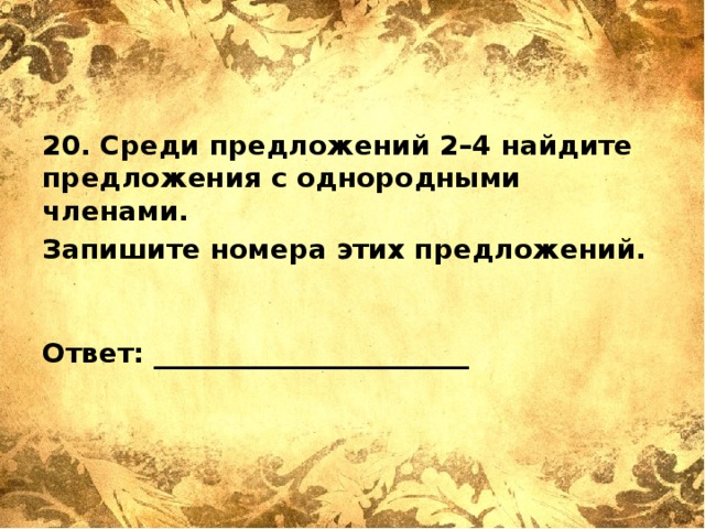 20. Среди предложений 2–4 найдите предложения с однородными членами. Запишите номера этих предложений.   Ответ: _______________________ 