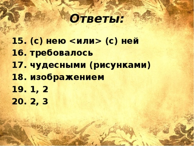 Ответы: 15. (с) нею  (с) ней 16. требовалось 17. чудесными (рисунками) 18. изображением 19. 1, 2 20. 2, 3 