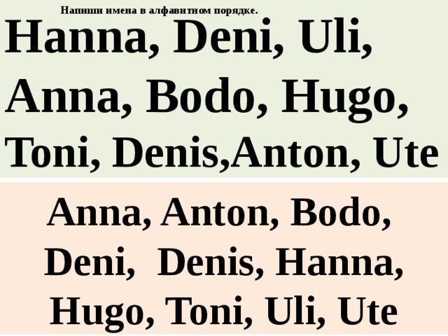 Hanna, Deni, Uli, Напиши имена в алфавитном порядке. Anna, Bodo, Hugo, Toni, Denis,Anton, Ute Anna, Anton, Bodo, Deni, Denis, Hanna, Hugo, Toni, Uli, Ute 