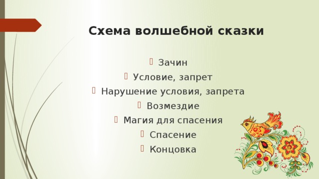 Схема волшебной сказки Зачин Условие, запрет Нарушение условия, запрета Возмездие Магия для спасения Спасение Концовка 