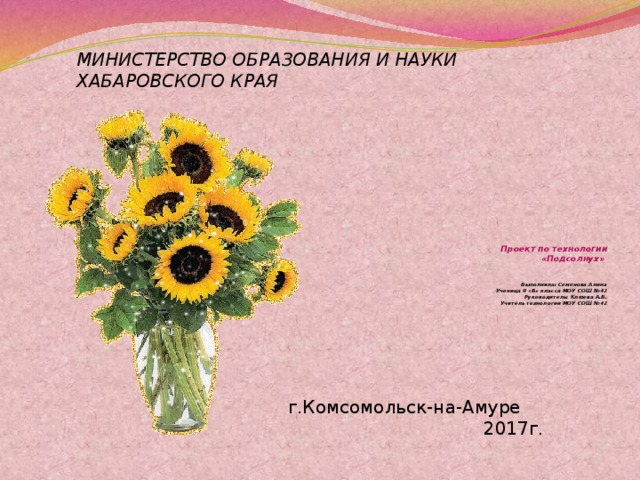 Министерство образования и науки Хабаровского края   Проект по технологии  «Подсолнух»           Выполнила: Семёнова Алина  Ученица 9 «В» класса МОУ СОШ №42  Руководитель: Клюева А.В.  Учитель технологии МОУ СОШ №42               г.Комсомольск-на-Амуре  2017г.   