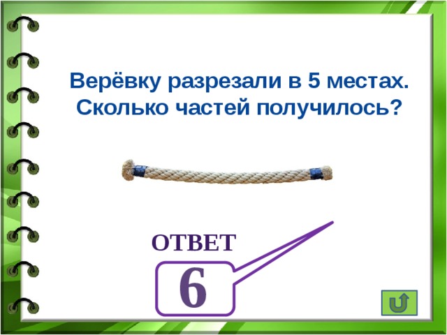 Верёвку разрезали в 5 местах. Сколько частей получилось? ответ 6 