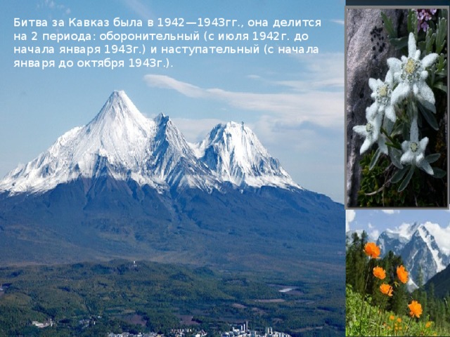 Битва за Кавказ была в 1942—1943гг., она делится на 2 периода: оборонительный (с июля 1942г. до начала января 1943г.) и наступательный (с начала января до октября 1943г.). 