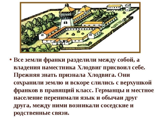 Все земли франки разделили между собой, а владения наместника Хлодвиг присвоил себе. Прежняя знать признала Хлодвига. Они сохранили землю и вскоре слились с верхушкой франков в правящий класс. Германцы и местное население перенимали язык и обычаи друг друга, между ними возникали соседские и родственные связи. 