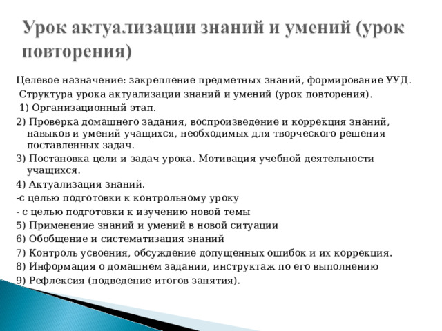 Этап урока актуализация знаний. Урок актуализации знаний и умений суть.