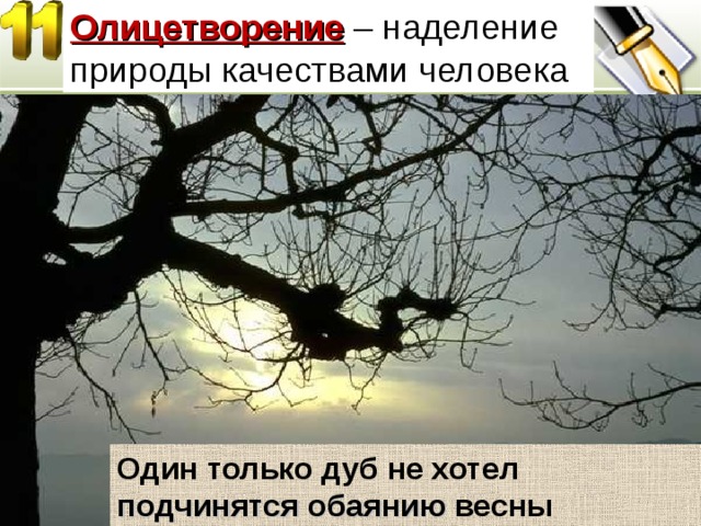 Олицетворение – наделение природы качествами человека Один только дуб не хотел подчинятся  обаянию весны  