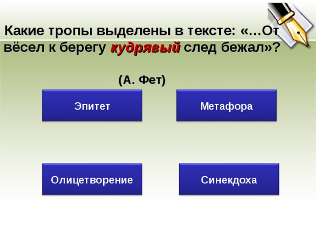 Какие тропы выделены в тексте: «…От вёсел к берегу кудрявый  след бежал»?  (А. Фет) Эпитет Метафора Олицетворение Синекдоха 22 