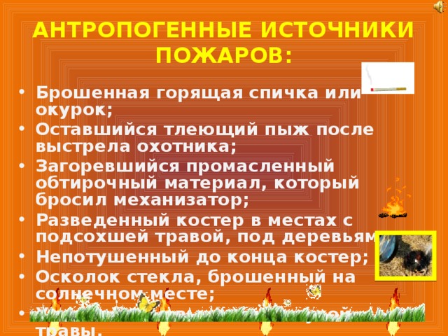 АНТРОПОГЕННЫЕ ИСТОЧНИКИ ПОЖАРОВ: Брошенная горящая спичка или окурок; Оставшийся тлеющий пыж после выстрела охотника; Загоревшийся промасленный обтирочный материал, который бросил механизатор; Разведенный костер в местах с подсохшей травой, под деревьями; Непотушенный до конца костер; Осколок стекла, брошенный на солнечном месте; Умышленное выжигание сухой травы. 