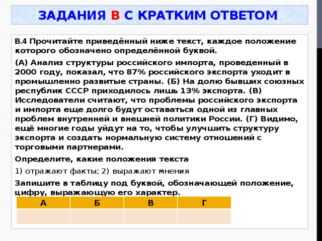 Задания В с кратким ответом В.4 Прочитайте приведённый ниже текст, каждое положение которого обозначено определённой буквой. (А) Анализ структуры российского импорта, проведенный в 2000 году, показал, что 87% российского экспорта уходит в промышленно развитые страны. (Б) На долю бывших союзных республик СССР приходилось лишь 13% экспорта. (В) Исследователи считают, что проблемы российского экспорта и импорта еще долго будут оставаться одной из главных проблем внутренней и внешней политики России. (Г) Видимо, ещё многие годы уйдут на то, чтобы улучшить структуру экспорта и создать нормальную систему отношений с торговыми партнерами. Определите, какие положения текста 1) отражают факты; 2) выражают мнения Запишите в таблицу под буквой, обозначающей положение, цифру, выражающую его характер.  А Б В Г 