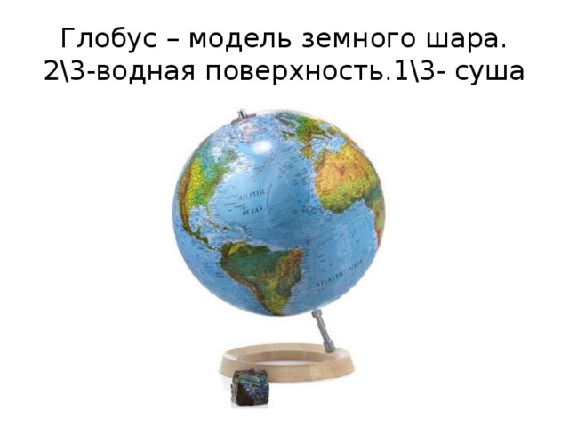 Глобус – модель земного шара.  2\3-водная поверхность.1\3- суша 