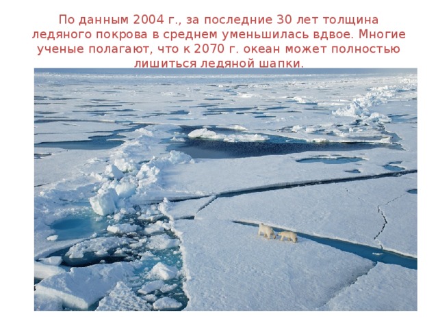 По данным 2004 г., за последние 30 лет толщина ледяного покрова в среднем уменьшилась вдвое. Многие ученые полагают, что к 2070 г. океан может полностью лишиться ледяной шапки. 