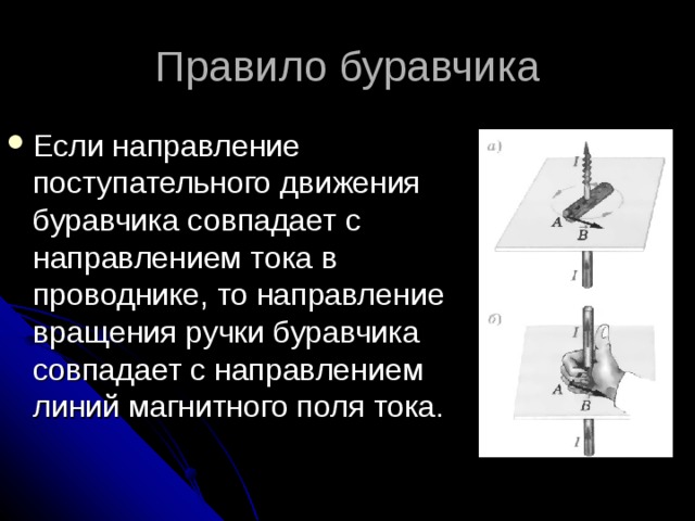 Правило буравчика Если направление поступательного движения буравчика совпадает с направлением тока в проводнике, то направление вращения ручки буравчика совпадает с направлением линий магнитного поля тока. 