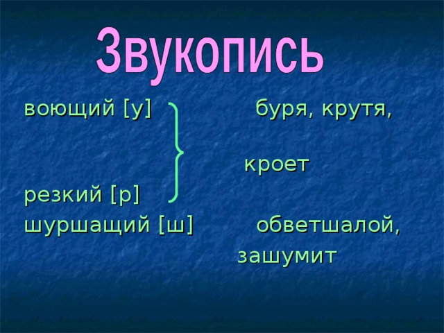 воющий [ у ] буря, крутя,  кроет резкий [ р ] шуршащий [ ш ] обветшалой,  зашумит