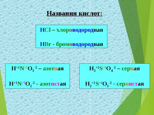 Названия кислот: H Cl – хлор о водород ная  H Br - бром о водород ная H +1 N +5 O 3 -2 – азот н ая  H +1 N +3 O 2 -2 - азот ист ая H 2 +1 S +6 O 4 -2 – сер н ая  H 2 +1 S +4 O 3 -2 - сер н ист ая