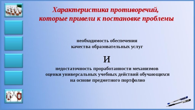 Характеристика противоречий, которые привели к постановке проблемы необходимость обеспечения качества образовательных услуг  и  недостаточность проработанности механизмов оценки универсальных учебных действий обучающихся на основе предметного портфолио 