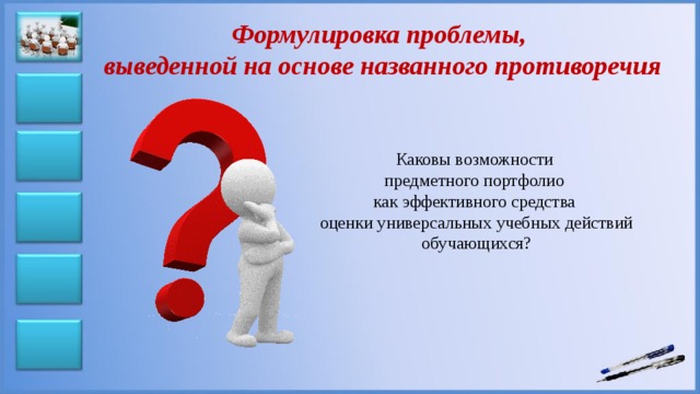 Формулировка проблемы, выведенной на основе названного противоречия Каковы возможности предметного портфолио как эффективного средства оценки универсальных учебных действий обучающихся? 