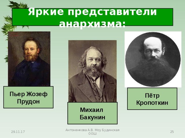 Яркие представители анархизма: Пьер Жозеф Прудон Пётр Кропоткин Михаил Бакунин 29.11.17 Антоненкова А.В. Моу Будинская ООШ  