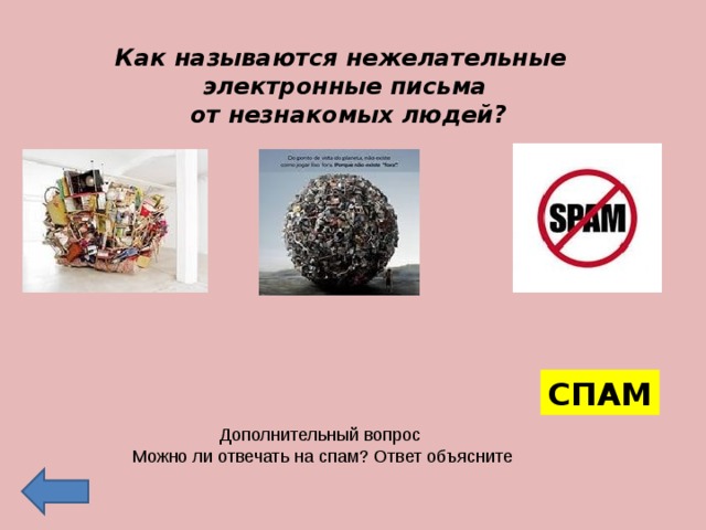Как называются нежелательные электронные письма  от незнакомых людей? СПАМ Дополнительный вопрос Можно ли отвечать на спам? Ответ объясните 