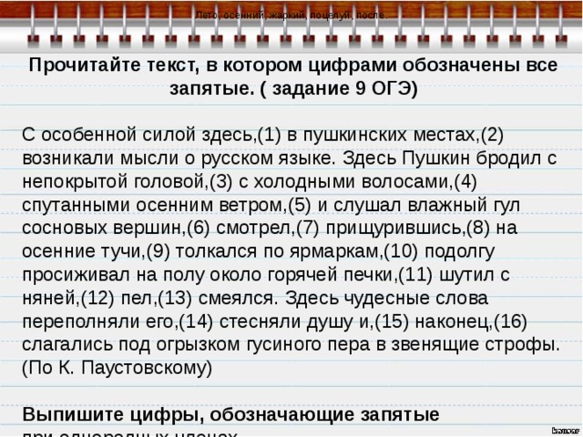 Запятая огэ. Чтение текста ОГЭ русский. Задание с запятыми ОГЭ русский. Запятые ОГЭ по русскому. С особенной силой здесь в Пушкинских местах возникали мысли.