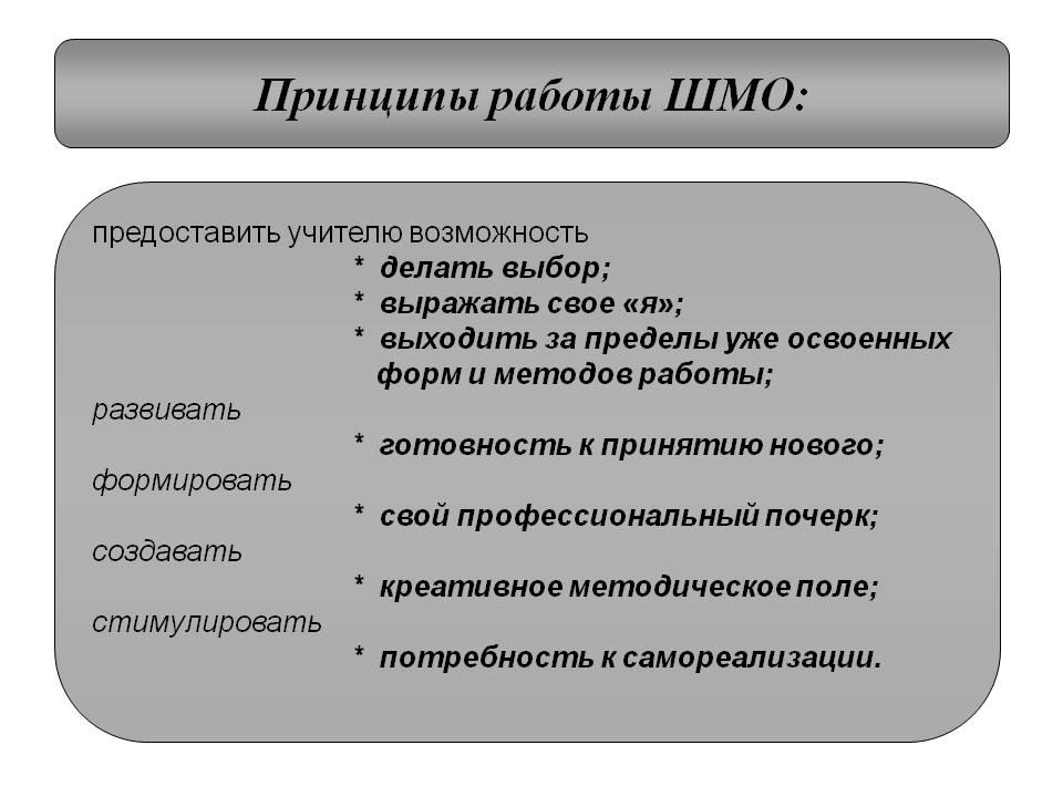 Циклы методических объединений. Темы заседаний ШМО учителей русского языка и литературы. Работа ШМО. Принципы работы учителя. Формы проведения ШМО педагогов.