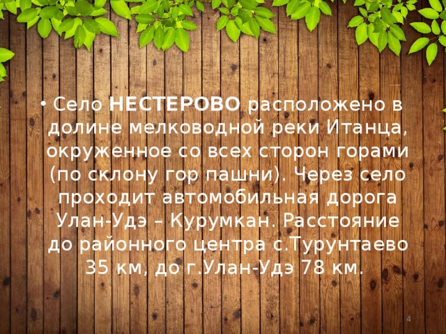 Село НЕСТЕРОВО расположено в долине мелководной реки Итанца, окруженное со всех сторон горами (по склону гор пашни). Через село проходит автомобильная дорога Улан-Удэ – Курумкан. Расстояние до районного центра с.Турунтаево 35 км, до г.Улан-Удэ 78 км.  