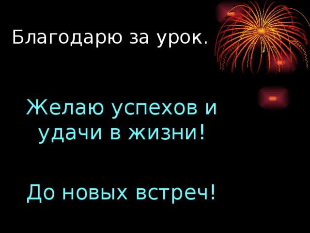 Благодарю за урок. Желаю успехов и удачи в жизни! До новых встреч! 