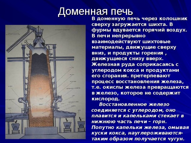 Доменная печь В доменную печь через колошник сверху загружается шихта. В фурмы вдувается горячий воздух. В печи непрерывно взаимодействуют шихтовые материалы, движущие сверху вниз, и продукты горения , движущиеся снизу вверх. Железная руда соприкасаясь с углеродом кокса и продуктами его сгорания. претерпевают процесс восстановления железа, т.е. окислы железа превращаются в железо, которое не содержит кислород.  Восстановленное железо соединяется с углеродом, оно плавится и капельками стекает в нижнюю часть печи – горн. Попутно капельки железа, омывая куски кокса, науглероживаются- таким образом получается чугун. 
