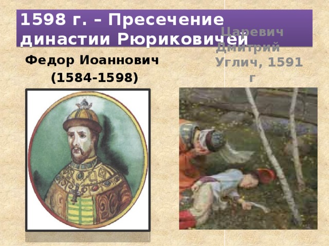 1598 г. – Пресечение династии Рюриковичей Федор Иоаннович (1584-1598) Царевич Дмитрий  Углич, 1591 г 