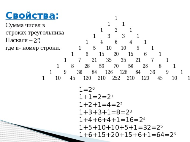 Используя рисунок 1 найди суммы чисел для каждой из первых шести строк треугольника паскаля