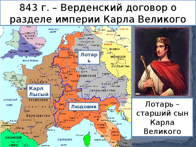 843 г. – Верденский договор о разделе империи Карла Великого Лотарь Карл Лысый Лотарь – старший сын Карла Великого Людовик 